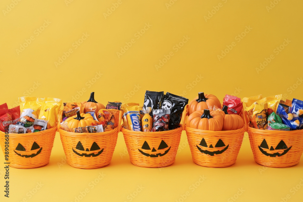Fototapeta premium Vibrant Halloween Candy Spilled from Pumpkin Basket on Yellow Background