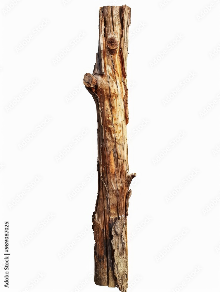 Naklejka premium A weathered tree trunk with a rough texture and visible growth rings, isolated on white background
