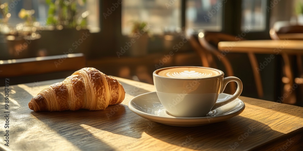A cup of cappuccino and croissant on a table in a cafe, morning sunlight falls on the table A cup of cappuccino and croissant on a table in a cafe, morning sunlight falls on the table