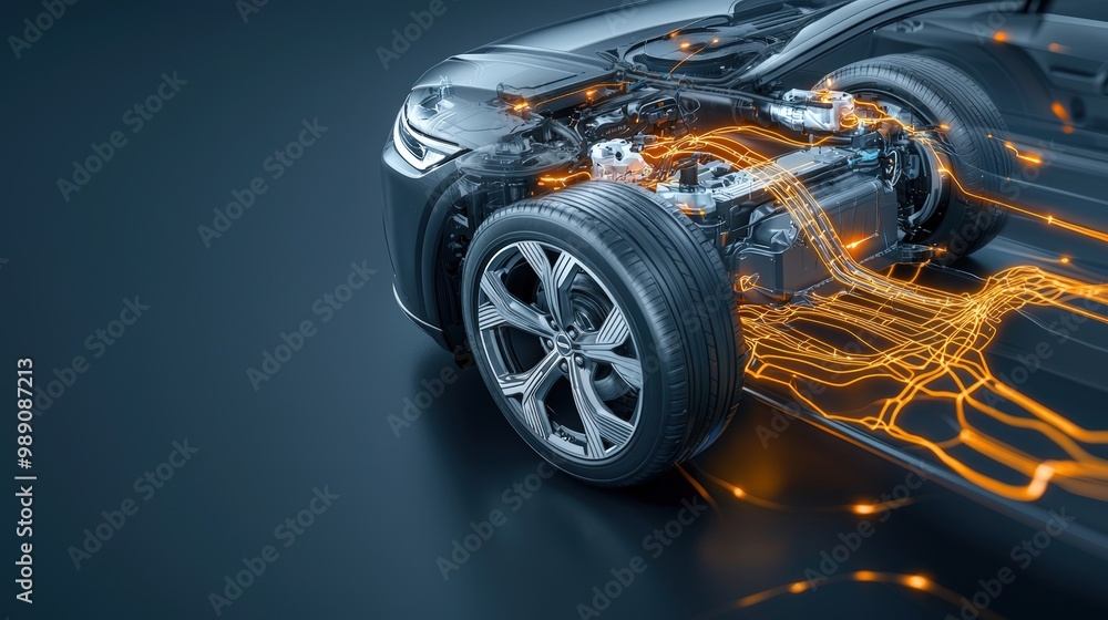 Electric Car Technology with Energy Flow Illustration Electric Car Technology with Energy Flow Illustration
