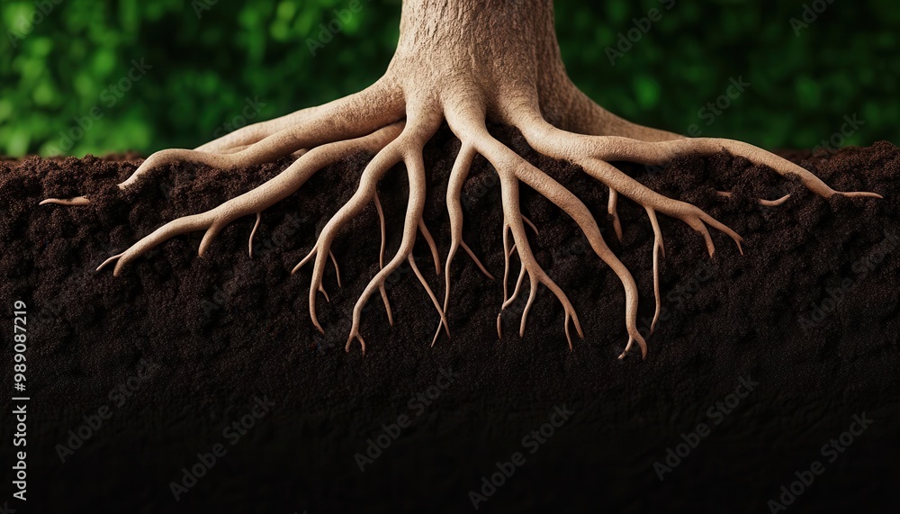 Closeup of diverse tree roots intertwining on rich, fertile soil, tree roots, forest health Closeup of diverse tree roots intertwining on rich, fertile soil, tree roots, forest health