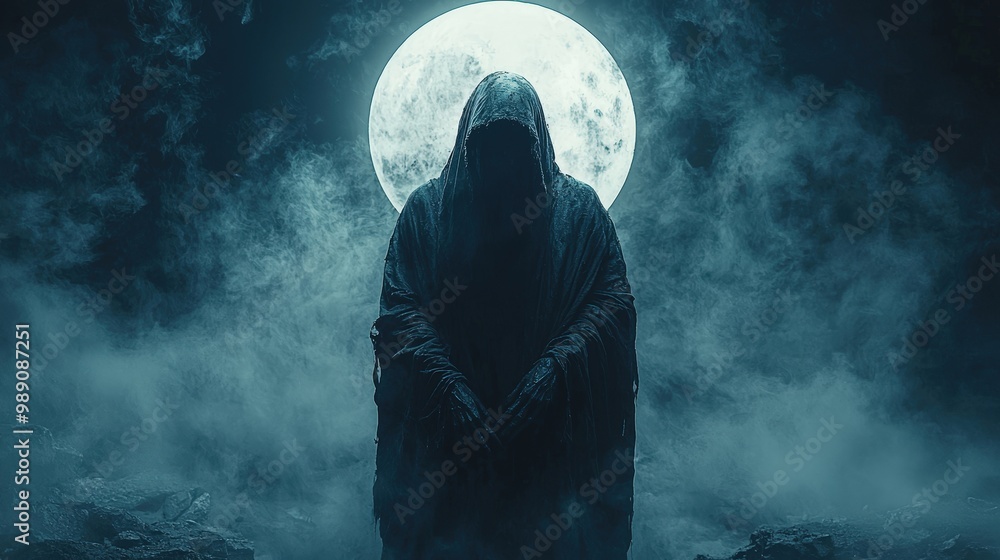 Dark Figure in Cloak Under Full Moon Night Sky Dark Figure in Cloak Under Full Moon Night Sky