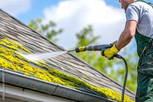 A man is cleaning the roof with a high-pressure water hose, on top of an old, shingle-and-moss-covered house roof. 