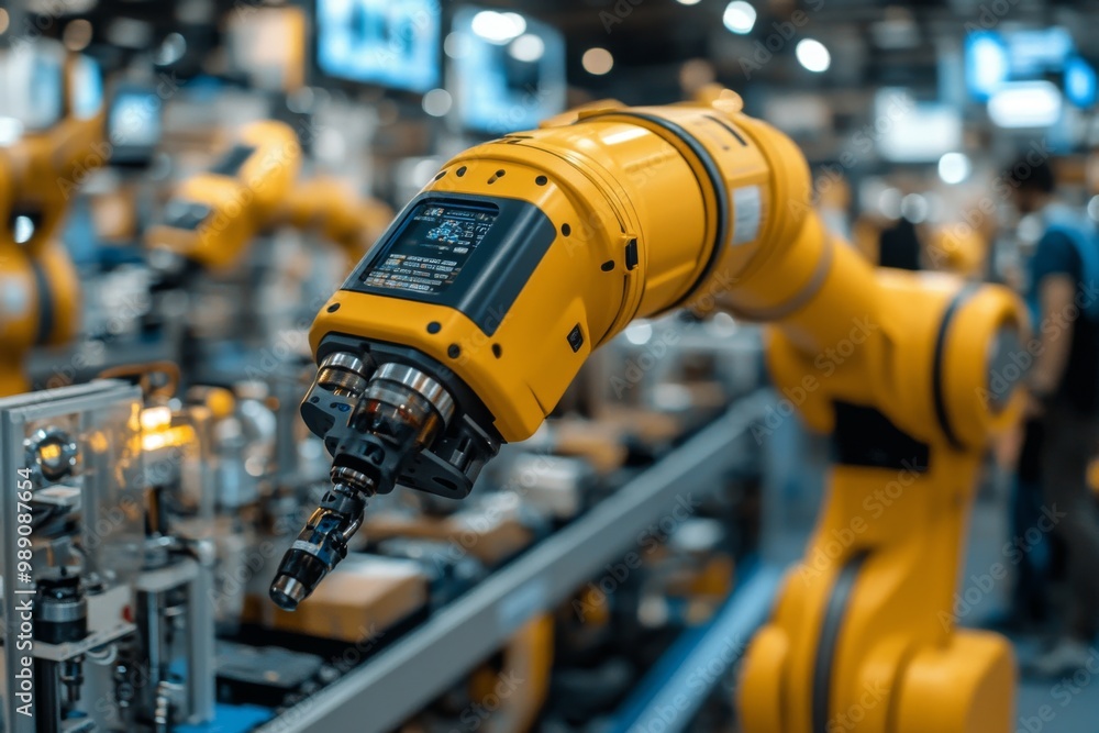 A photograph depicts a robotic arm at an industrial show, holding yellow and blue tools in the background. Generative AI A photograph depicts a robotic arm at an industrial show, holding yellow and blue tools in the background. Generative AI