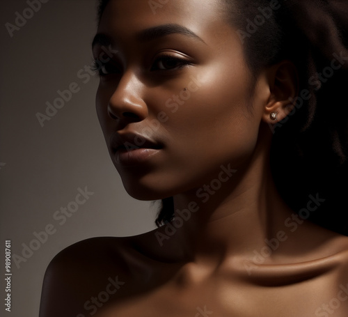 Portrait of nude young brunette woman or girl with beautiful expressive collarbones and shoulders on black background