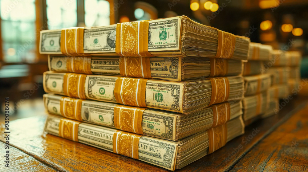 Stacks of bundled US dollar bills on a wooden surface Stacks of bundled US dollar bills on a wooden surface
