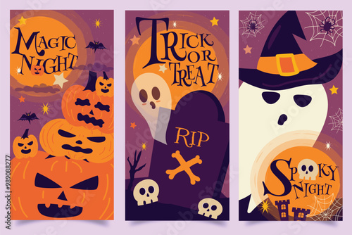 Halloween season celebration fantasy card and  banners collection With cute cartoon halloween characters  design illustration