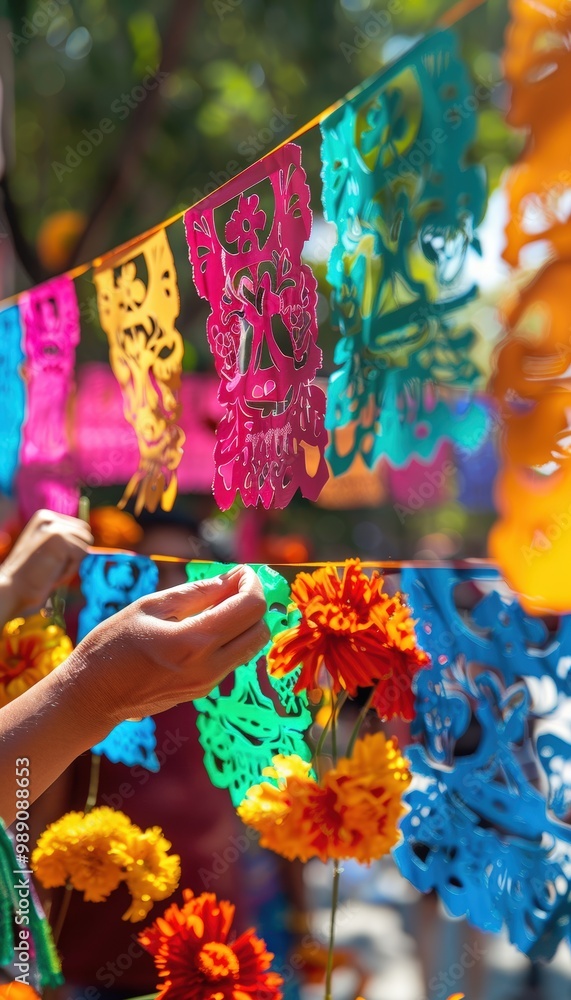 Fototapeta premium Vibrant Papel Picado Decorations for Día de los Muertos Celebration - Perfect for Festive Prints and Posters