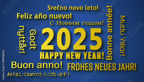 Illustration of a word cloud in different languages with the message happy new year in yellow over blue background - represents the new year 2025. photo