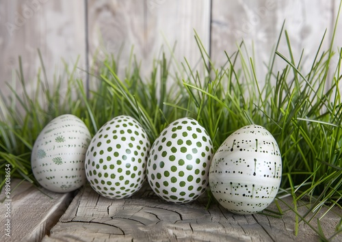 Green & White Easter Eggs on Grass & Wood