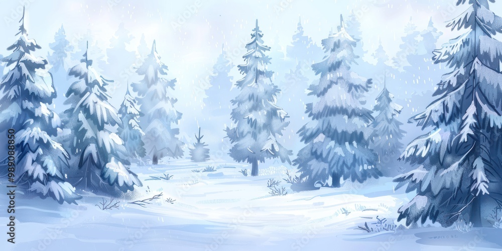 Fototapeta premium Snow-covered pine trees in a winter forest. Digital illustration for design and print. Winter and nature concept.