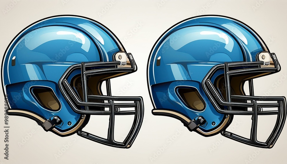 Set of modern blue football safety helmets, sports protection for the head Set of modern blue football safety helmets, sports protection for the head