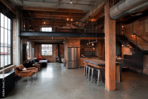 An industrial-style loft showcasing an open plan kitchen and living area, characterized by exposed brick walls, wooden beams, and contemporary stainless steel appliances.