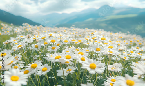 Wild daisy flowers growing on meadow, white chamomiles