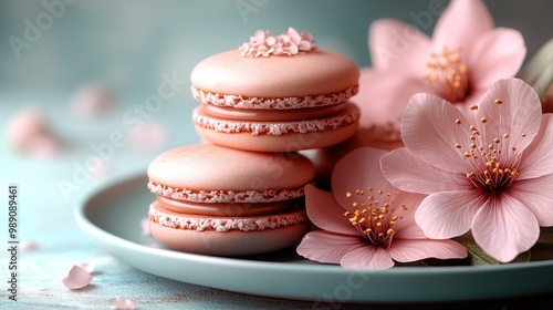 Delicious pink macarons share their beauty with blooming cherry flowers