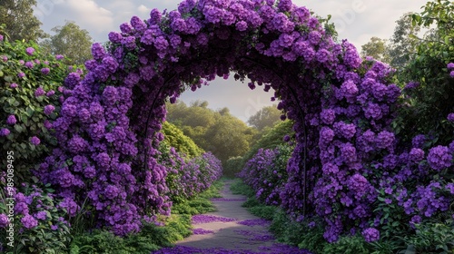 Fototapeta Naklejka Na Ścianę i Meble -  A beautiful archway of purple blossoms creates a magical garden entrance