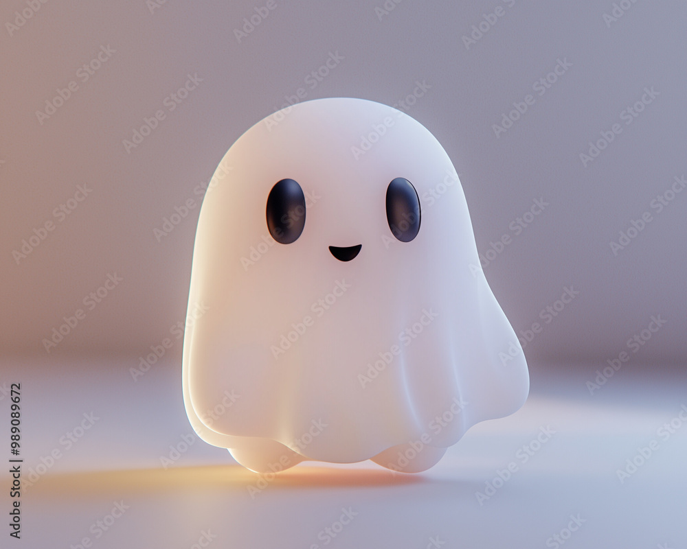 friendly white ghost smiling softly in a gentle light on a beige backdrop friendly white ghost smiling softly in a gentle light on a beige backdrop