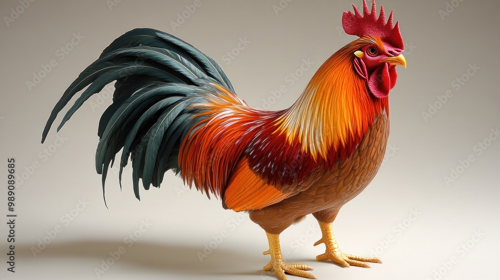Fototapeta premium This striking rooster showcases brilliantly colored feathers and an impressive stance