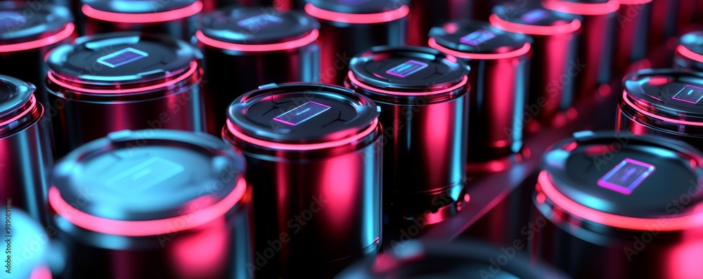 Symmetrical arrangement of energy cells in a futuristic battery storage system, with glowing interfaces and sleek metallic casings. Symmetrical arrangement of energy cells in a futuristic battery storage system, with glowing interfaces and sleek metallic casings.