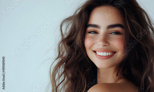 Beautiful laughing brunette model girl with long curly hair