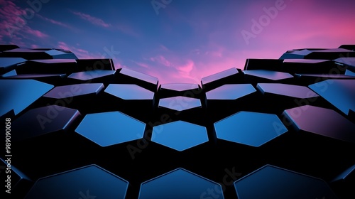 Symmetrical hexagonal energy storage cells embedded into the walls of a futuristic building, powering the structure through stored solar energy. photo