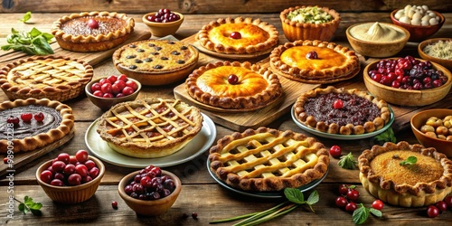 A dazzling array of 100 freshly baked pies in various flavors and crusts, overflowing from a rustic wooden table in a vintage-inspired kitchen setting.