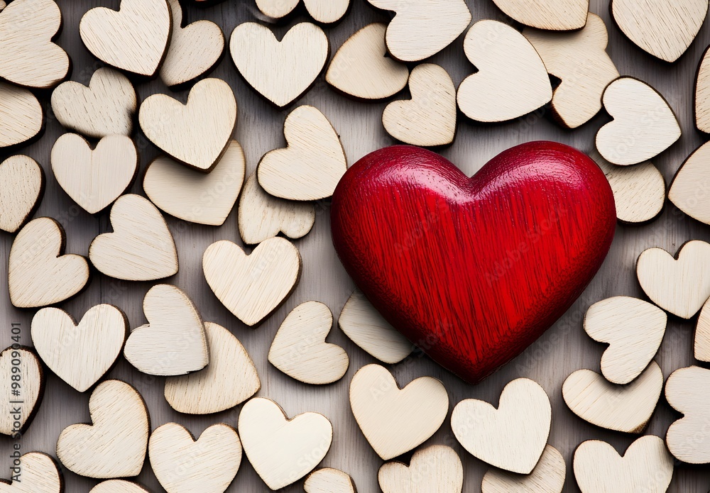 Fototapeta premium Red Heart Surrounded by Wooden Hearts