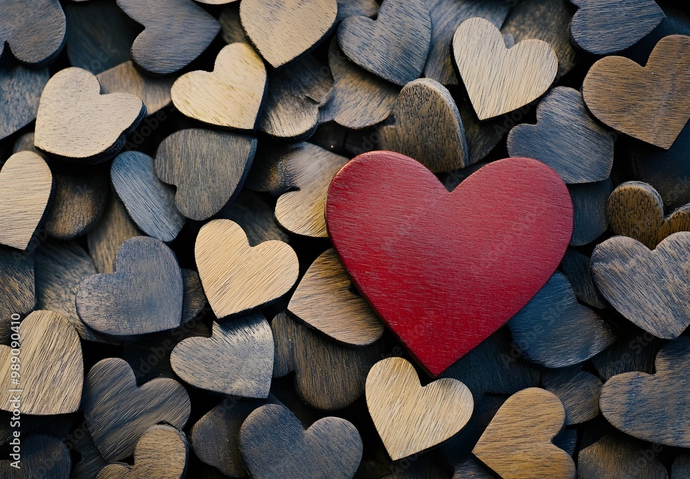 Obraz premium Red Heart Among Wooden Hearts for Valentine's