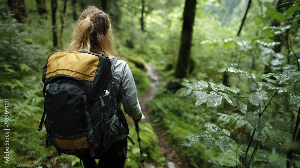 Abenteuerlicher Naturspaziergang: Frau wandert zur Frühlingserkundung durch üppigen Wald Abenteuerlicher Naturspaziergang: Frau wandert zur Frühlingserkundung durch üppigen Wald