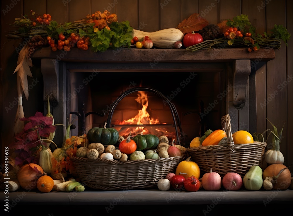 Autumn Harvest Fireplace with Rustic Baskets Autumn Harvest Fireplace with Rustic Baskets