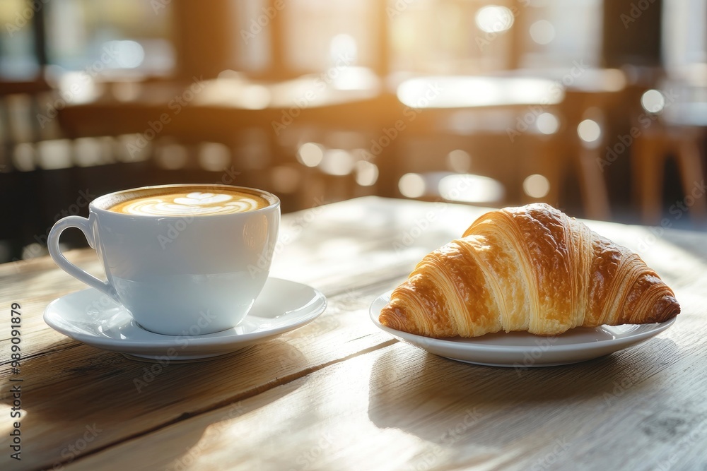 A cup of cappuccino and croissant on a table in a cafe, morning sunlight falls on the table A cup of cappuccino and croissant on a table in a cafe, morning sunlight falls on the table
