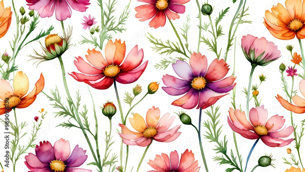 A vibrant cosmos flower pattern with colorful blooms in pink, orange, and white, paired with green stems. Perfect for lively textiles and bold home decor designs A vibrant cosmos flower pattern with colorful blooms in pink, orange, and white, paired with green stems. Perfect for lively textiles and bold home decor designs