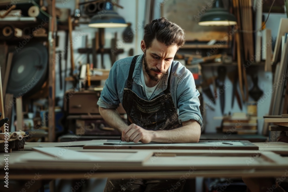 Skilled young craftsman working in picture framing workshop skill adult concentration. Skilled young craftsman working in picture framing workshop skill adult concentration.
