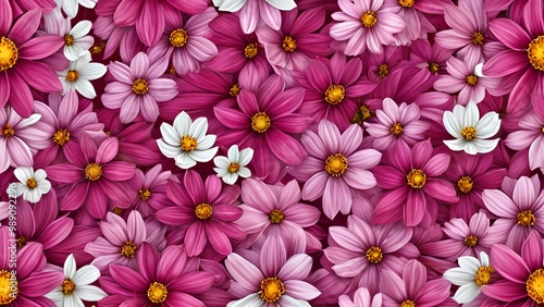 A playful and bright cosmos flower pattern featuring colorful pink and white blooms against a lively background. Perfect for textiles and energetic home decor designs.