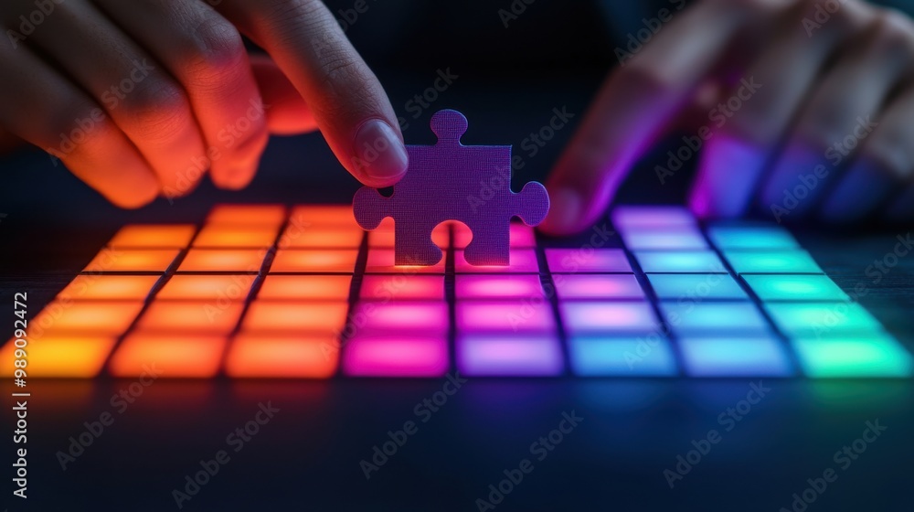 A hands-on approach to problem-solving, placing a puzzle piece into a colorful illuminated grid. A hands-on approach to problem-solving, placing a puzzle piece into a colorful illuminated grid.