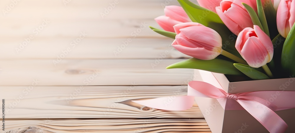 Pink Tulips Bouquet with Gift Box on Wood Pink Tulips Bouquet with Gift Box on Wood