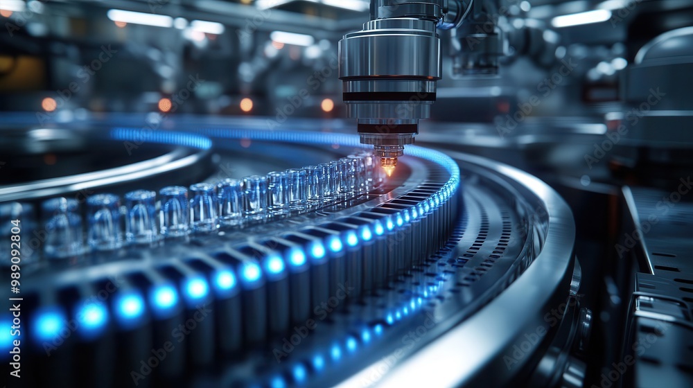 Fototapeta premium futuristic pharmaceutical production line sleek robotic arms precisely handling gleaming glass vials hightech medical manufacturing sterile environment bathed in cool blue light