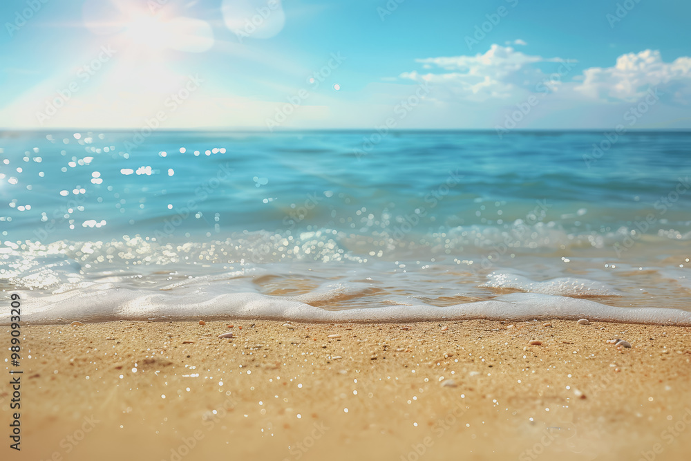 Abstract beach background. blur bokeh light of calm sea and sky. Focus on the sand foreground. Abstract beach background. blur bokeh light of calm sea and sky. Focus on the sand foreground.