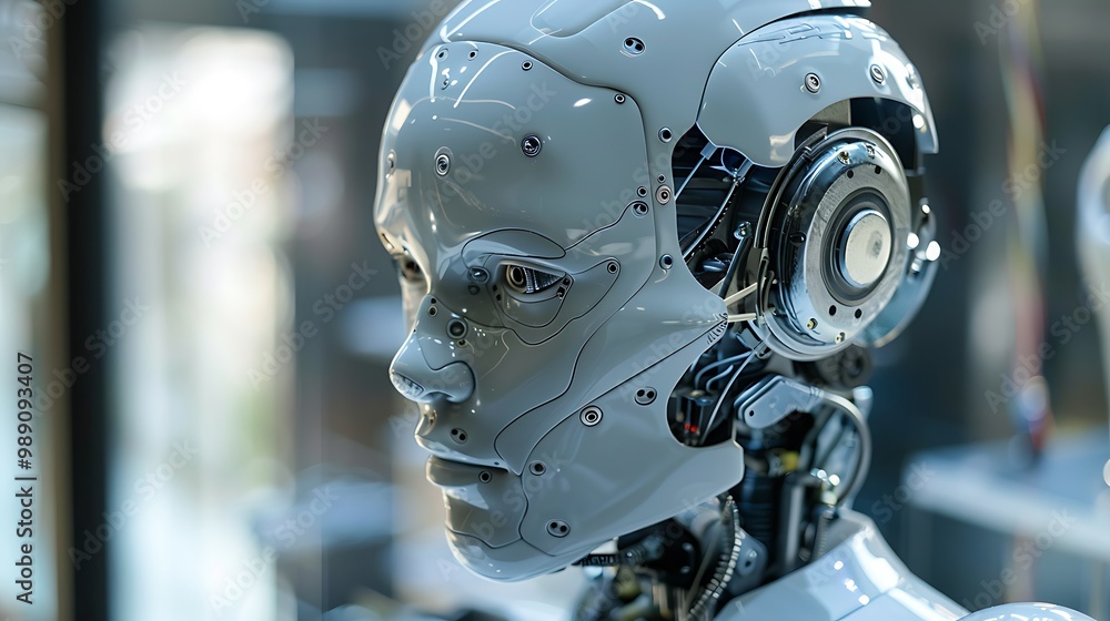 A close-up of a humanoid robot head, showcasing intricate designs and metallic features, representing advancements in robotics and artificial intelligence. A close-up of a humanoid robot head, showcasing intricate designs and metallic features, representing advancements in robotics and artificial intelligence.