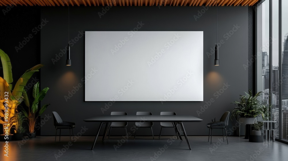 Modern conference room with blank wall and greenery Modern conference room with blank wall and greenery