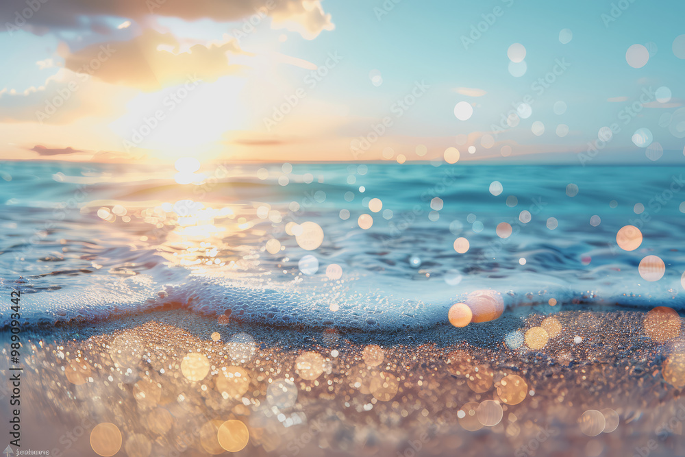 Abstract beach background. blur bokeh light of calm sea and sky. Focus on the sand foreground. Abstract beach background. blur bokeh light of calm sea and sky. Focus on the sand foreground.