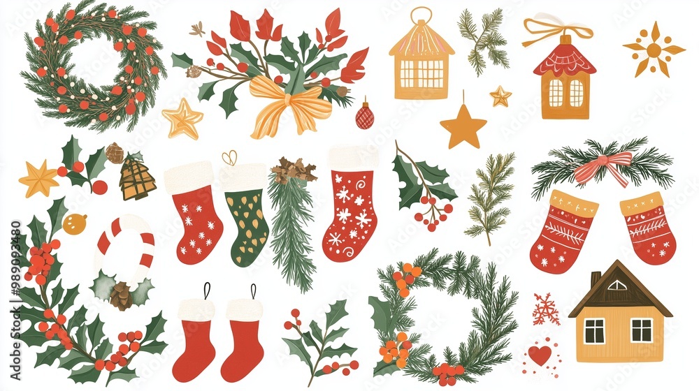 Festive holiday decorations featuring wreaths, stockings, and winter scene elements in vibrant colors on a white background Festive holiday decorations featuring wreaths, stockings, and winter scene elements in vibrant colors on a white background
