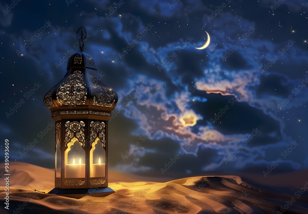 Ornate Arabic Lantern Glowing In Desert Night Ornate Arabic Lantern Glowing In Desert Night