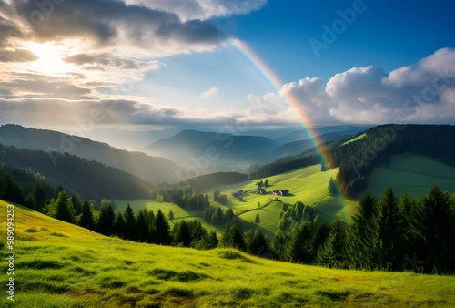 Sunrise Over Carpathian Mountains With Rainbow photo