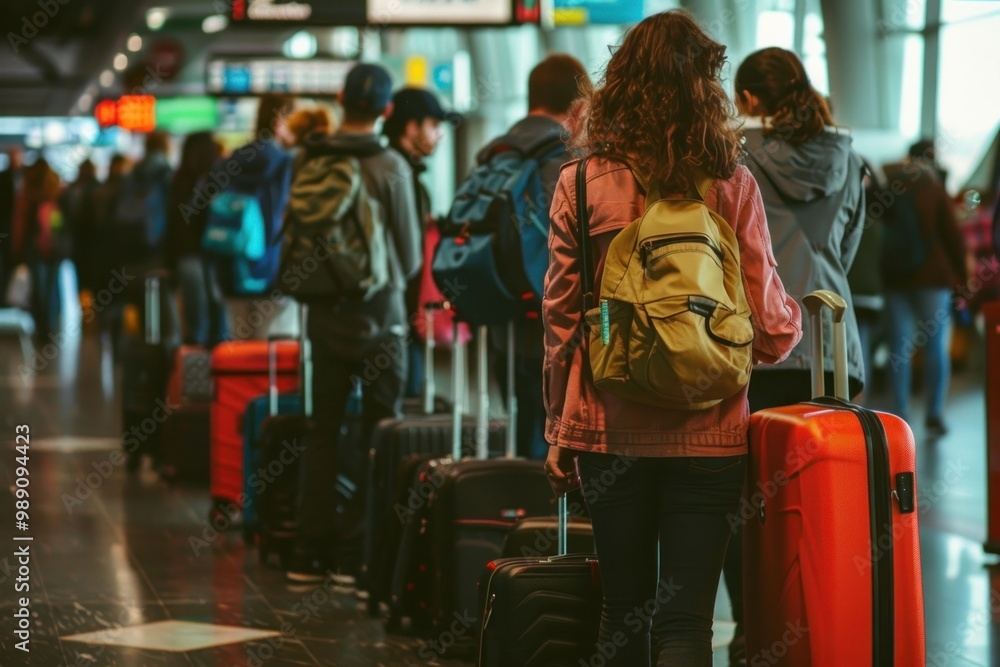 Φωτογραφία A group of people line up with luggage in an airport backpack adult bag
