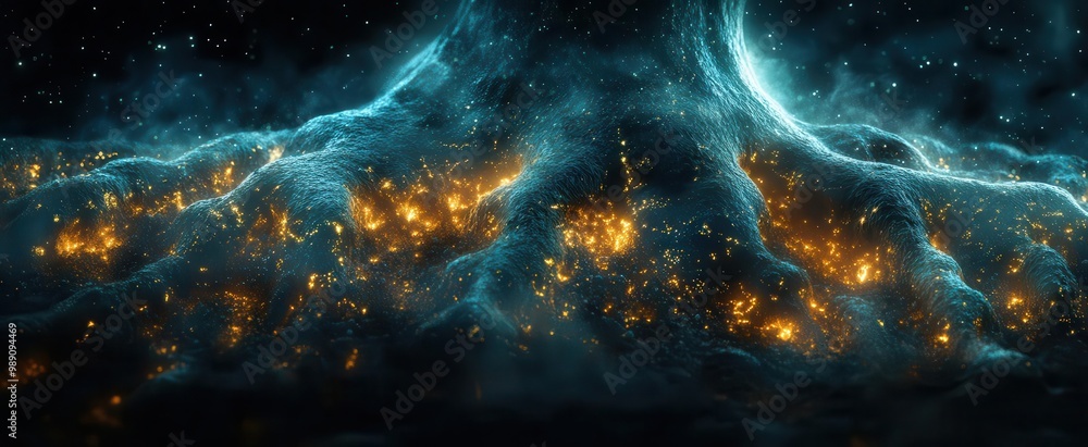 intricate underground network of tree roots and mycorrhizal fungi rendered in bioluminescent blues and greens against dark soil backdrop intricate underground network of tree roots and mycorrhizal fungi rendered in bioluminescent blues and greens against dark soil backdrop