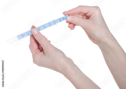 Child syrup with a syringe in hand isolation