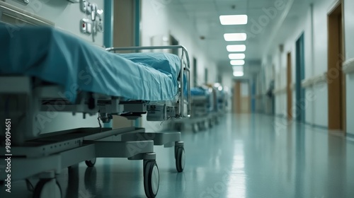 A hospital hallway featuring empty patient beds and medical equipment, showcasing a clean, organized, and sterile environment typical of healthcare settings.