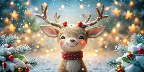 Adorable anthropomorphic reindeer with rosy cheeks, sparkling antlers, and jolly smile, surrounded by festive holiday elements, snowflakes, and sparkling stars in a whimsical winter wonderland scene.