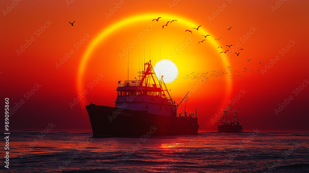 Φωτογραφία Extremely rare solar halo during sunrise with silhouettes of a fishing boat pass